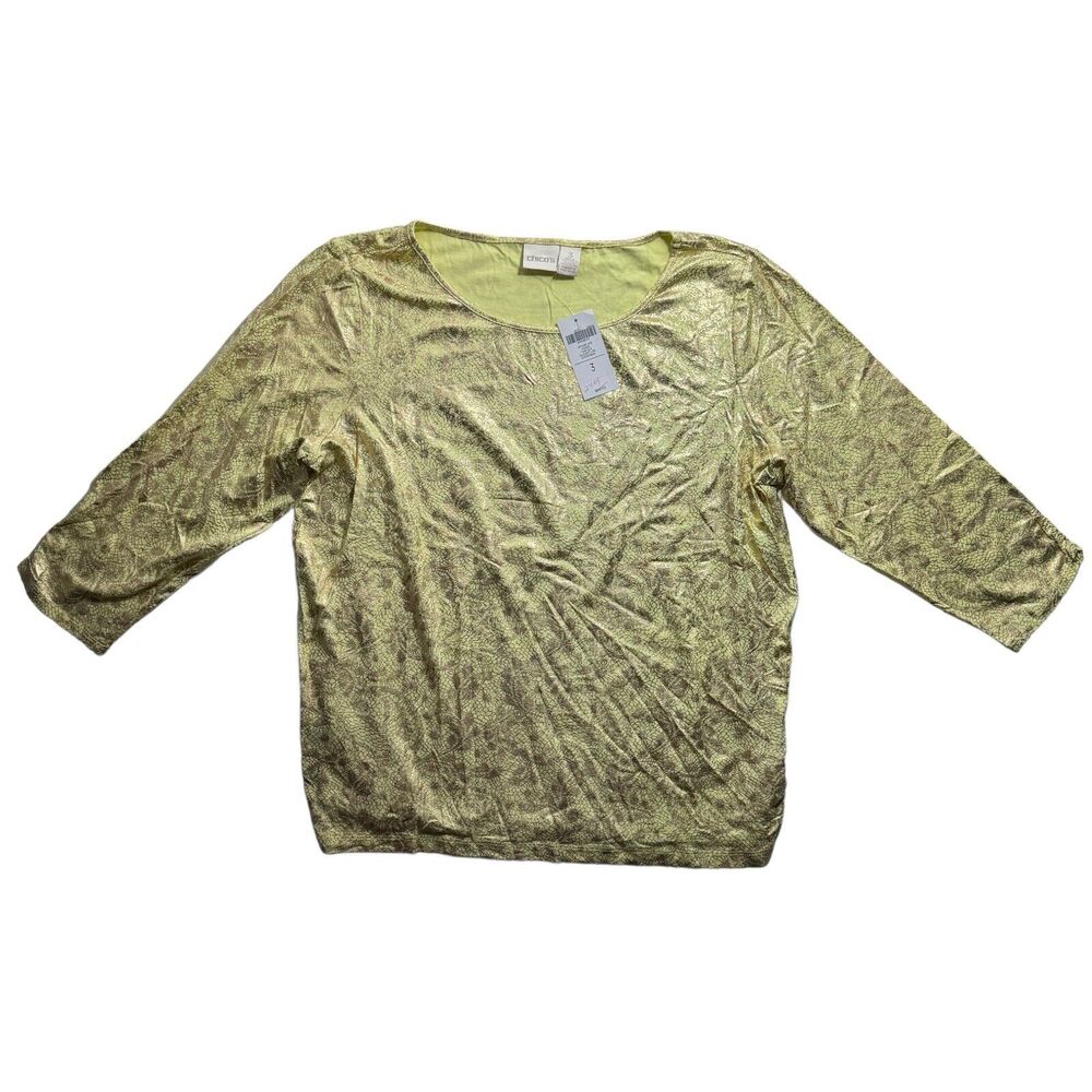 Chico's Vintage Lace Blouse Maggie Top 3/4 Sleeve Pale Lime NWT Woman's Size 3